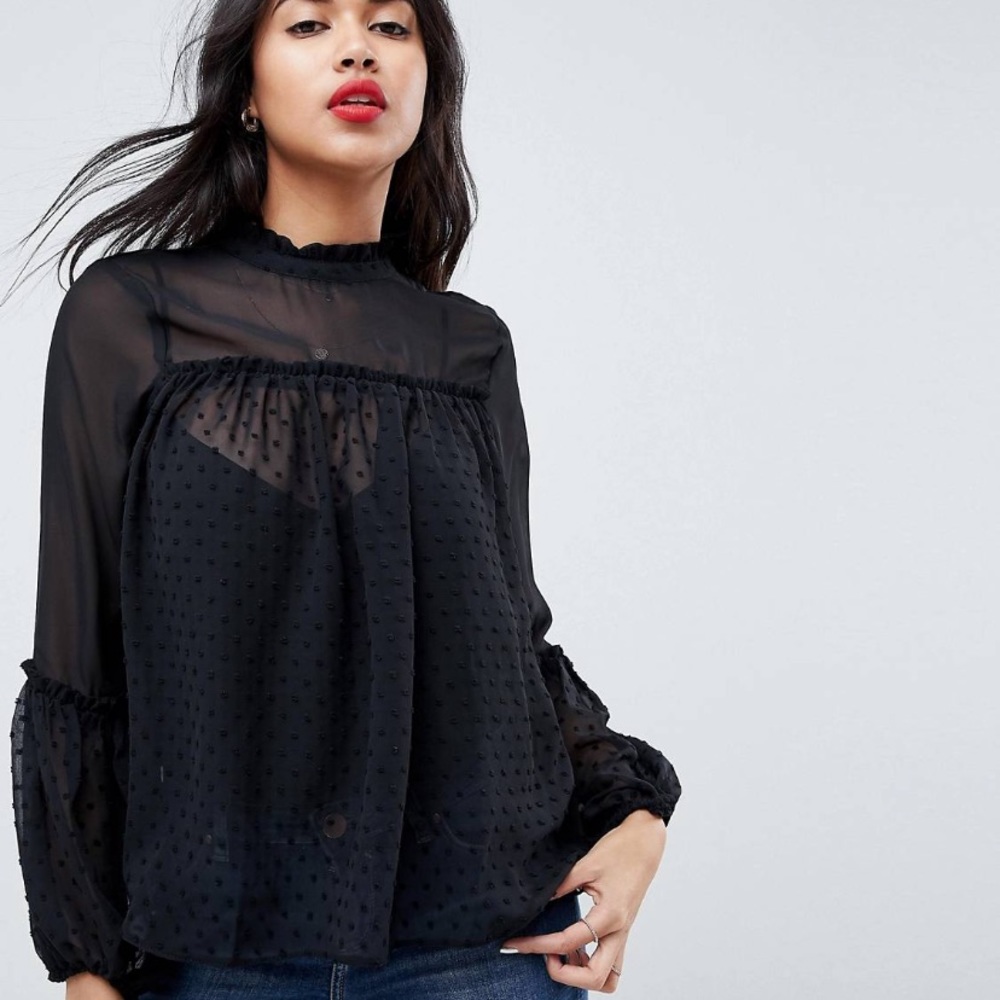 ASOS High Neck Smock Blouse in Dobby Mix